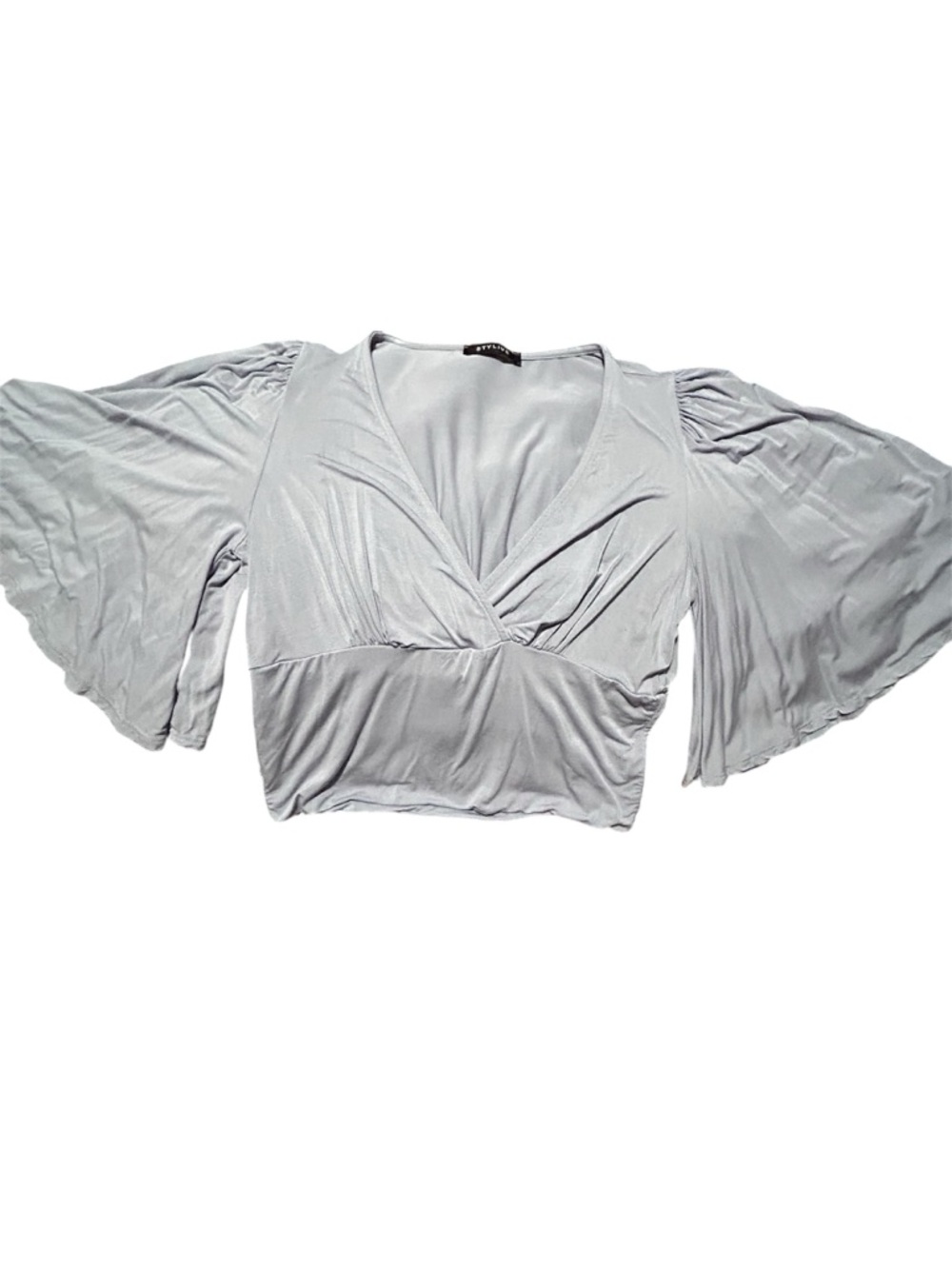 Women's Dusty Blue Wrap Front V-Neck Mom Crop Top large NWOT - Picture 7 of 7